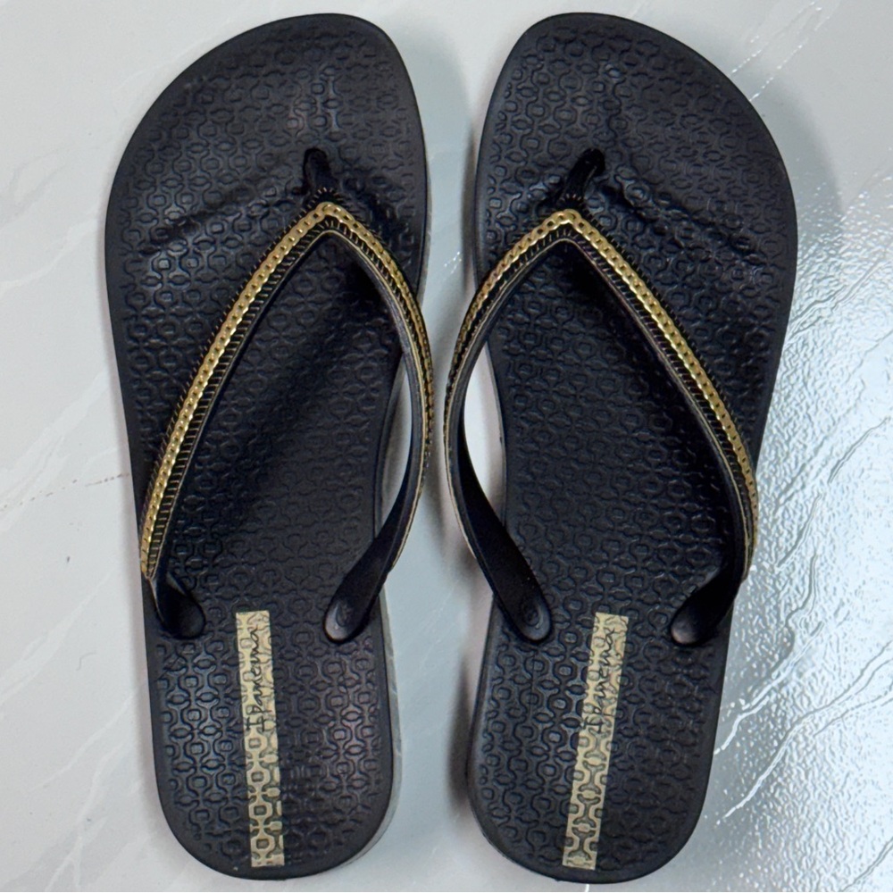 Ipanema Black Flip Flop Sandals with Gold Chain Trim